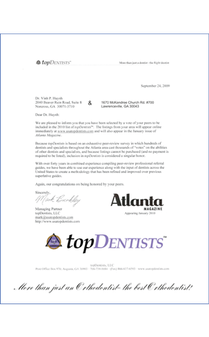 Atlanta orthodontic recognition letter for iCare Orthodontics and Dentistry